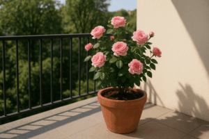 Rosier en pot sur balcon ensoleillé avec fleurs roses
