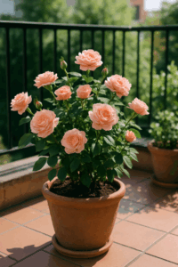 Rosier en pot sur balcon ensoleillé en pleine floraison