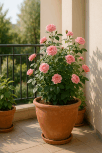 Rosier en pot sur balcon avec floraison durable