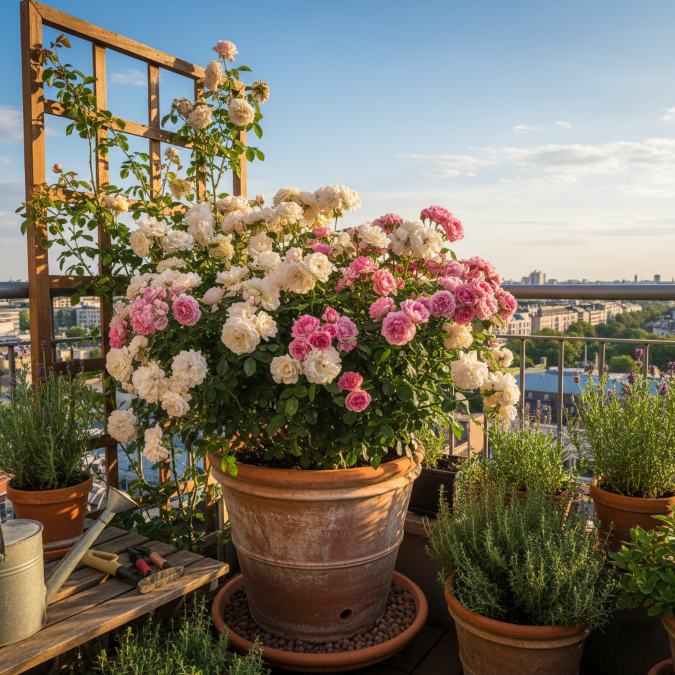 Rosier en pot en pleine floraison sur un balcon avec vue panoramique